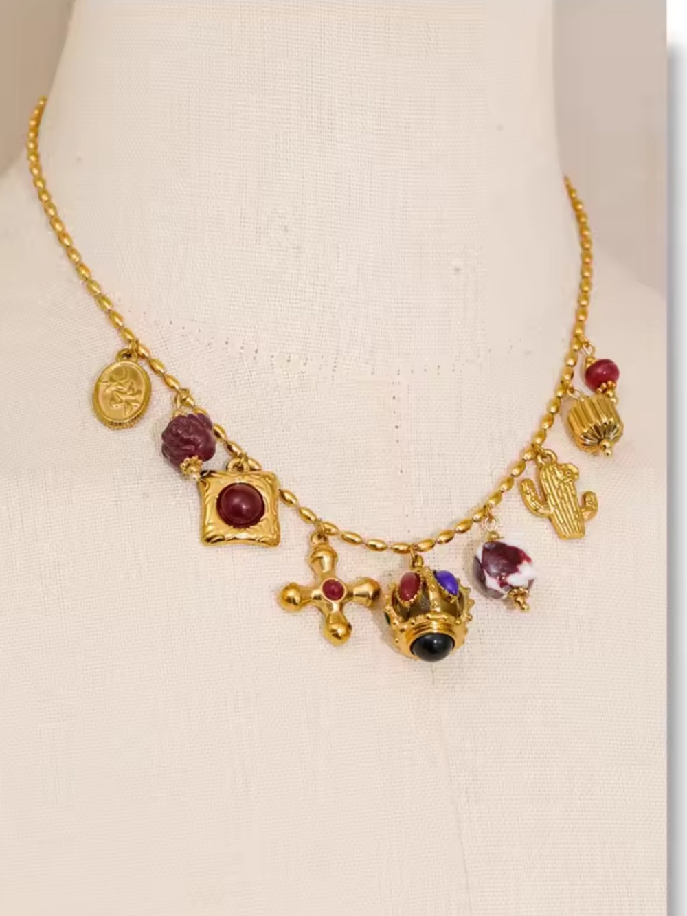 Gold and Ruby Charm Necklace Jewelry- Gold Plated Stainless Steel - Picture 4 of 4